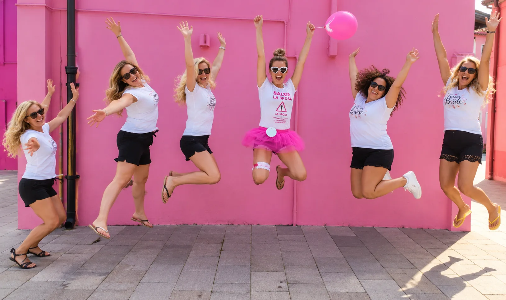 Group of friends celebrating a bachelorette party in Venice in front of a pink wall