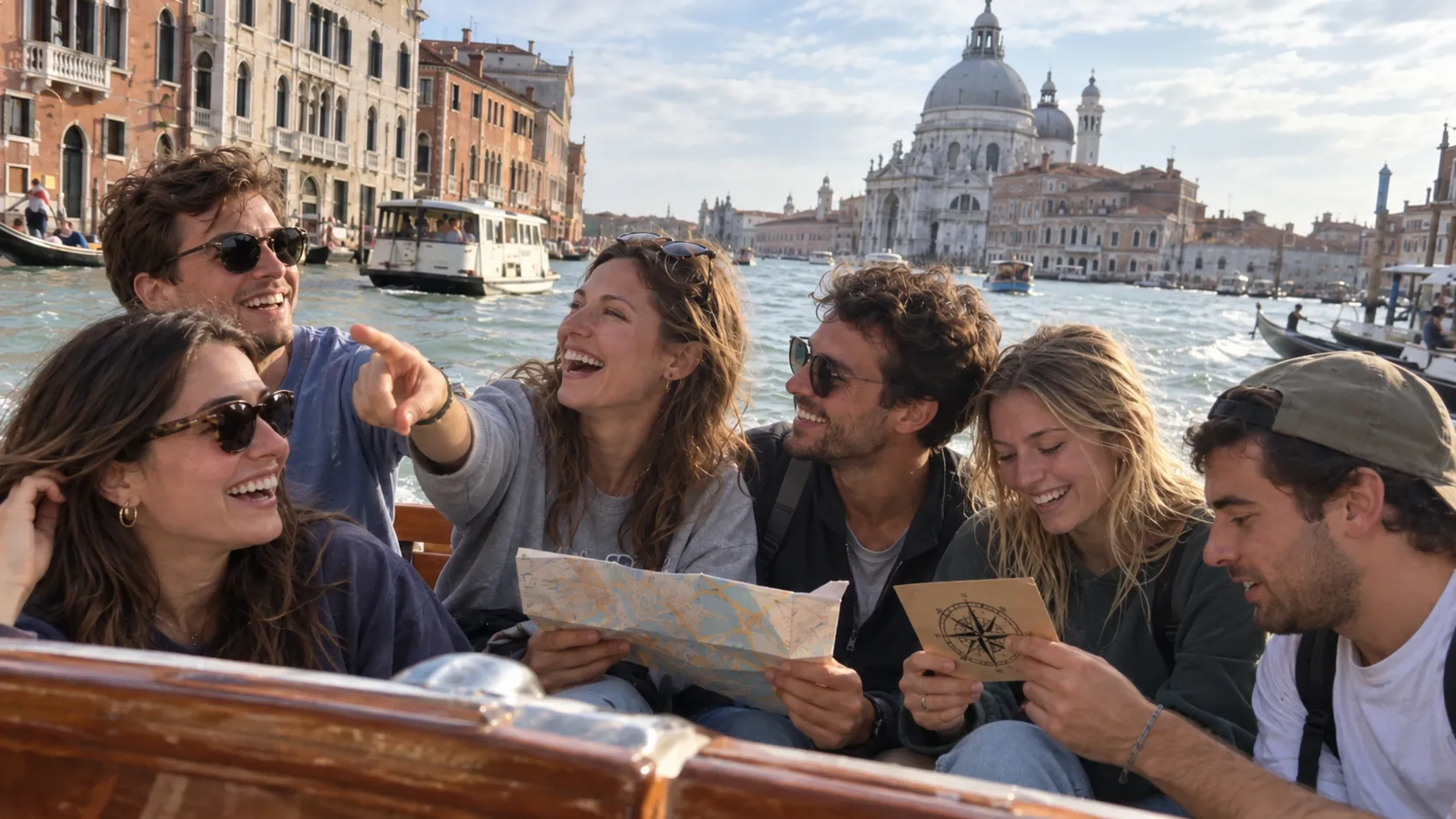 Group of friends laughing and following treasure hunt clues aboard a private boat in Venice